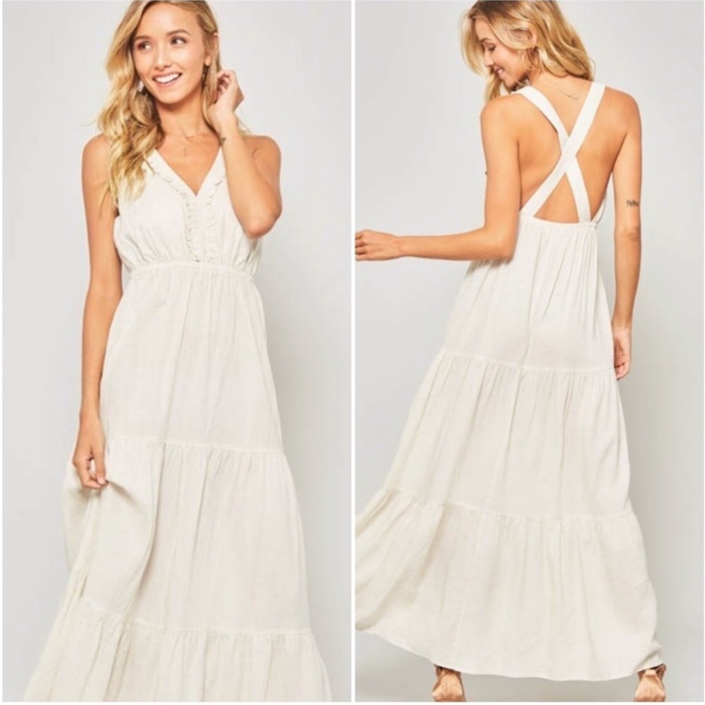 ECRU BOHO CROSSED BACK STRAP MAXI DRESS